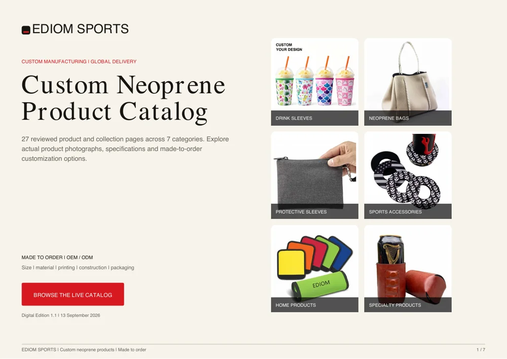 Cover of the EDIOM SPORTS English custom neoprene product catalog