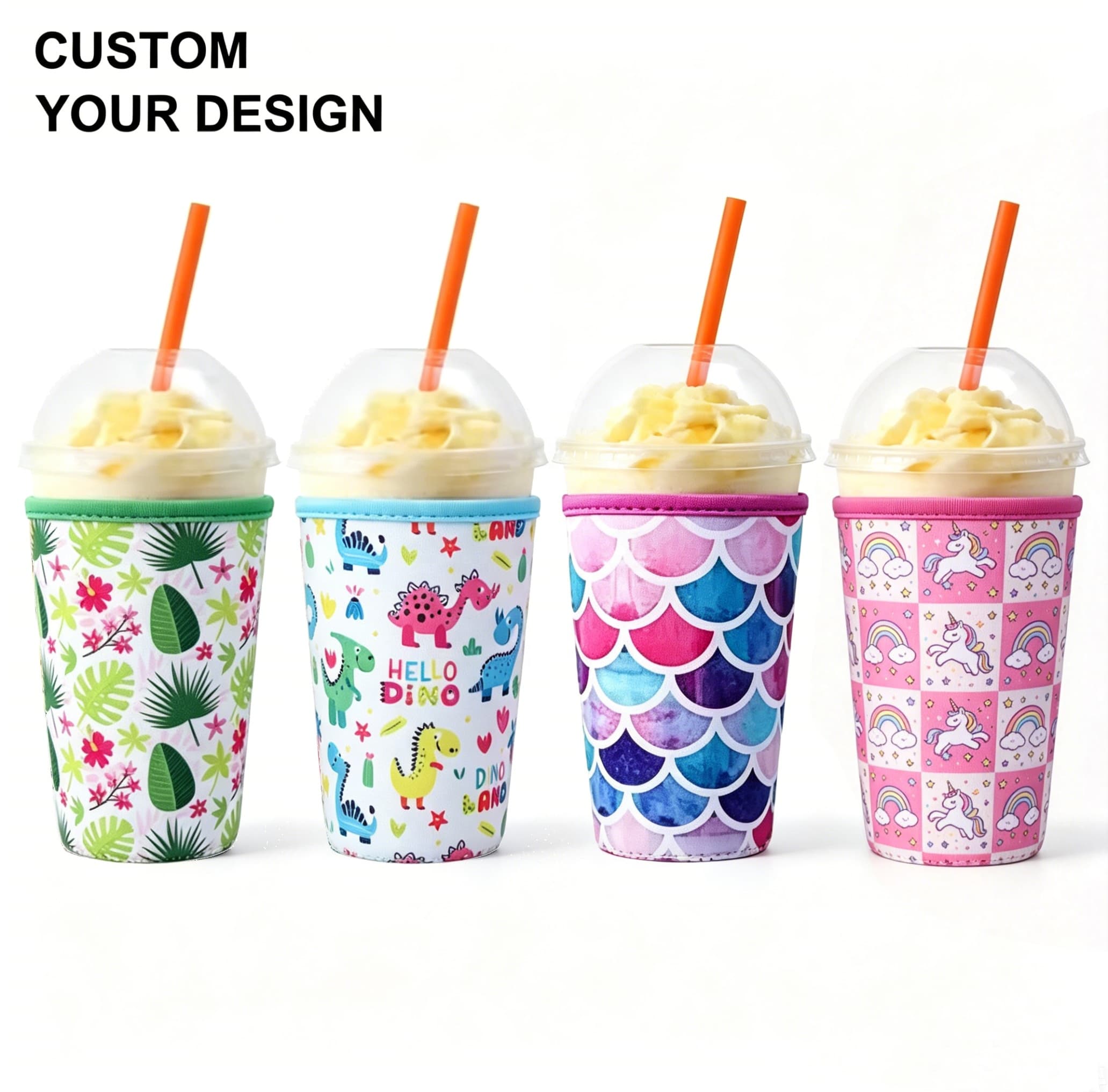 Four custom printed neoprene iced coffee sleeves