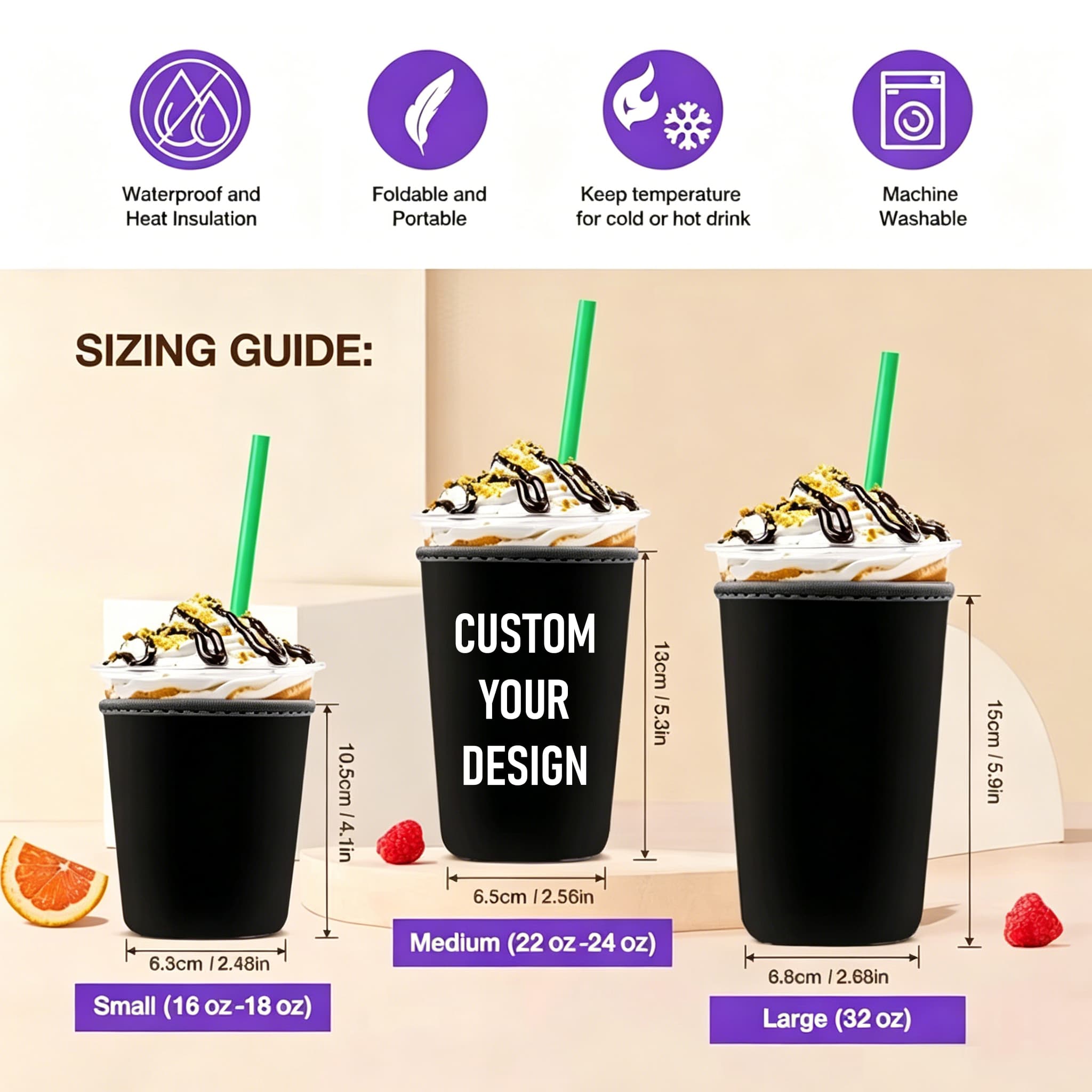 Coffee sleeve features and sizing guide for small medium and large cups