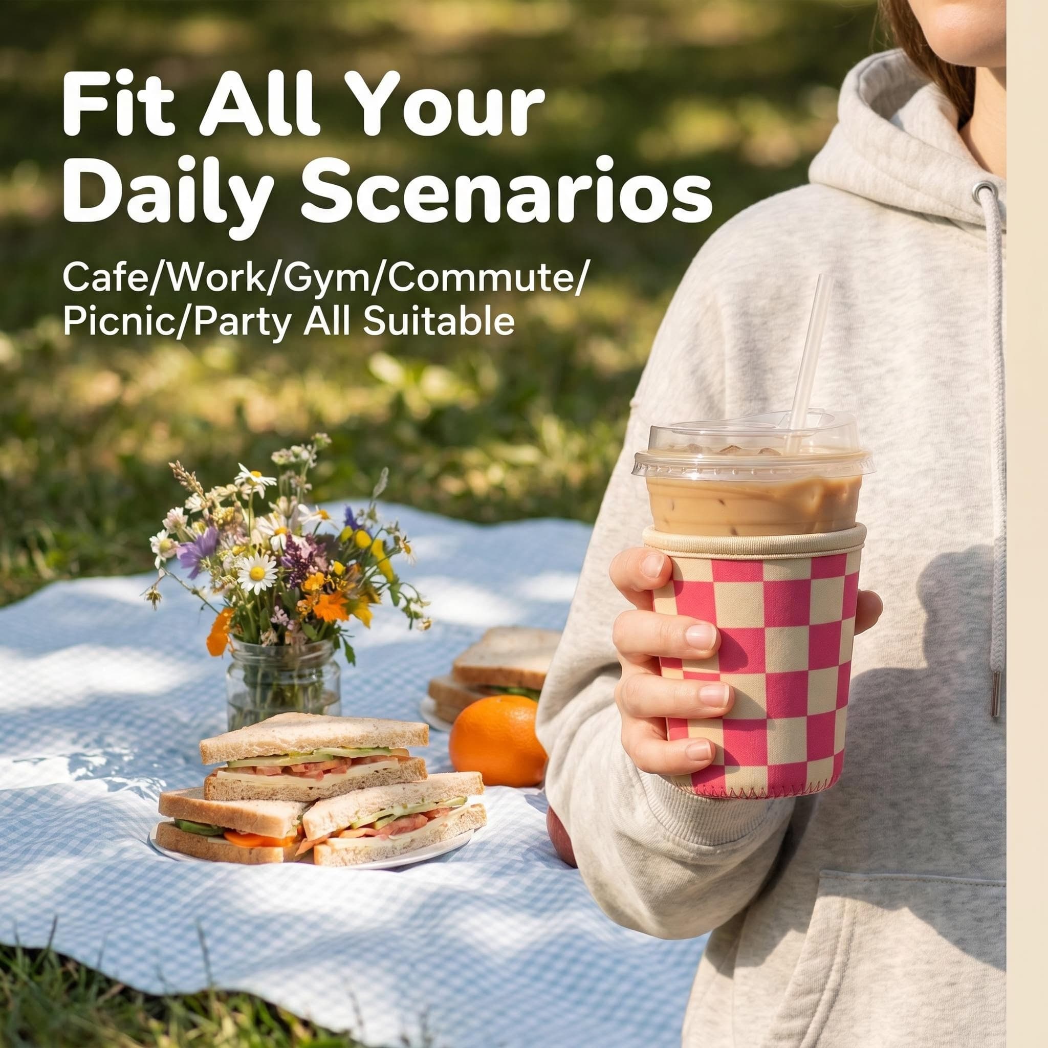 Checkered neoprene iced coffee sleeve used at an outdoor picnic