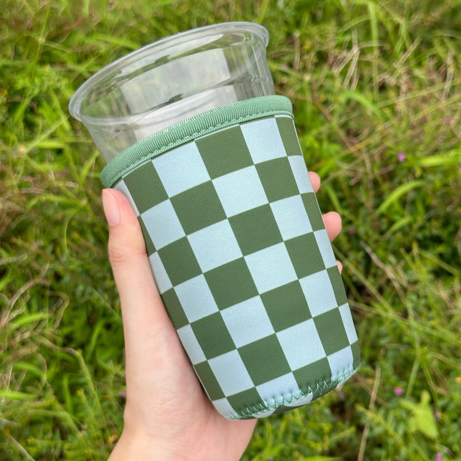 Green checker custom neoprene iced coffee sleeve video cover