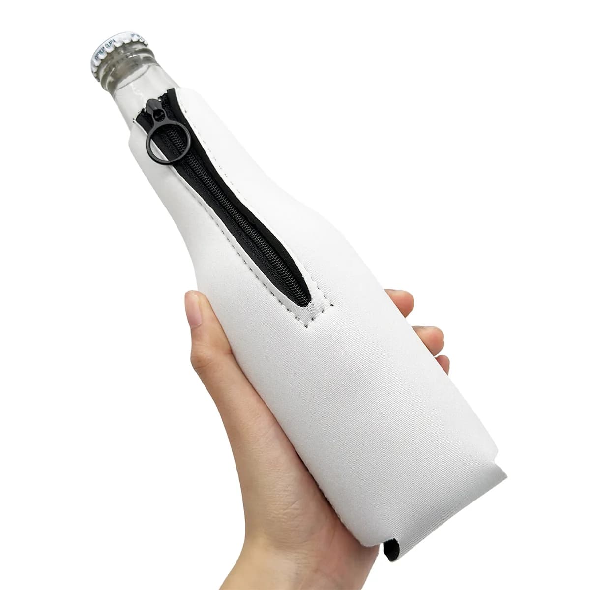 White neoprene bottle sleeve with a ring-pull zipper held in a hand