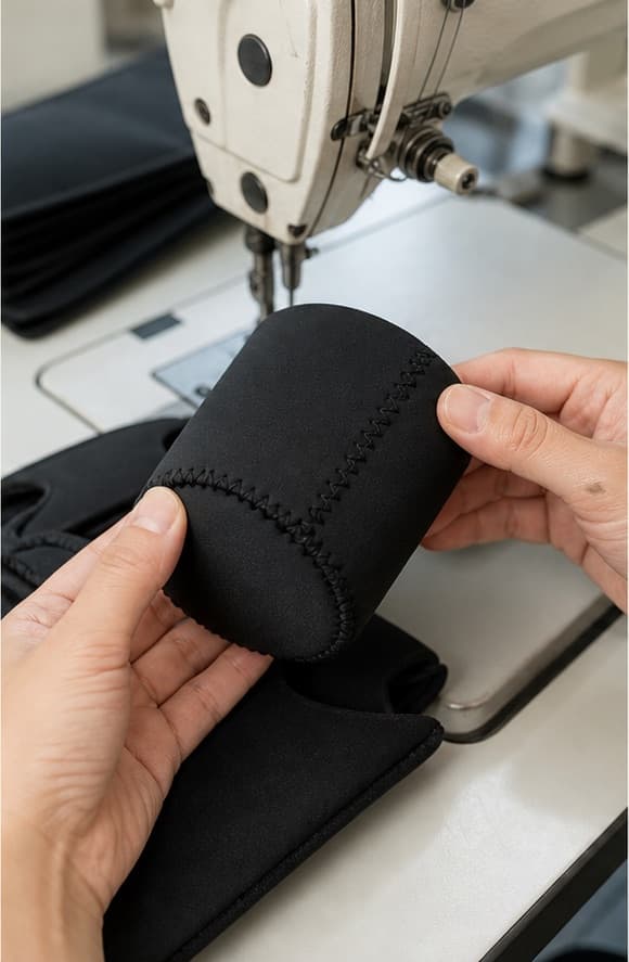AI-generated illustration of a buyer reviewing a neoprene drink sleeve sample with a caliper and specification sheet