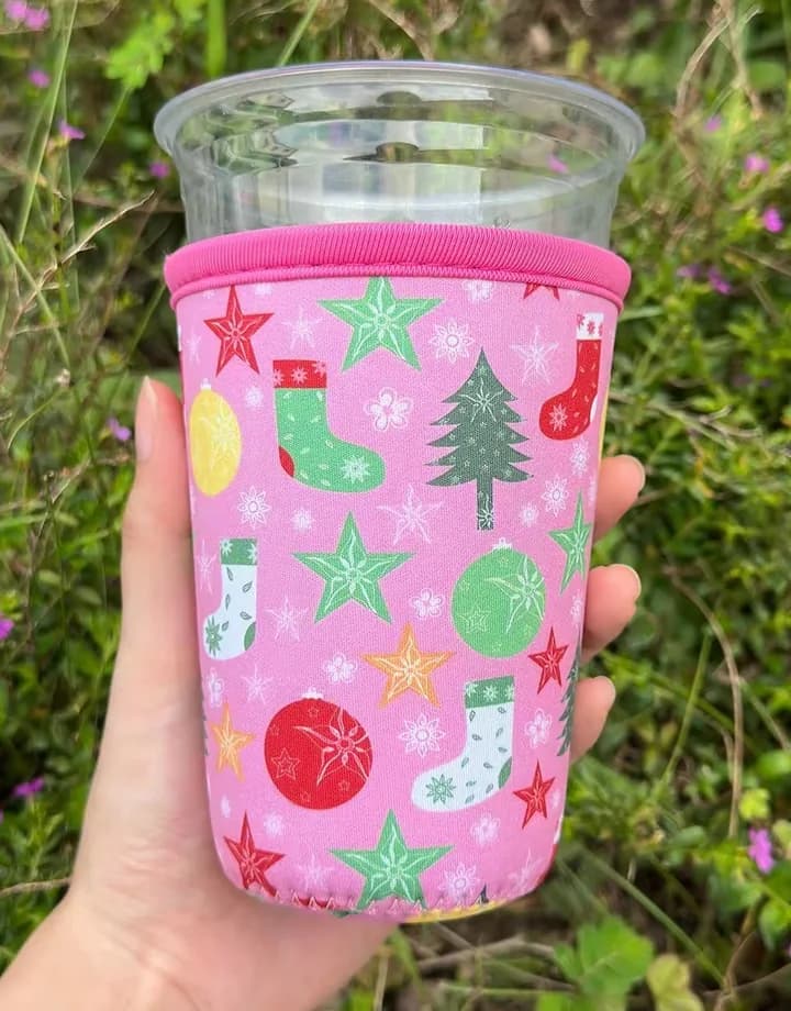 Pink printed iced coffee sleeve