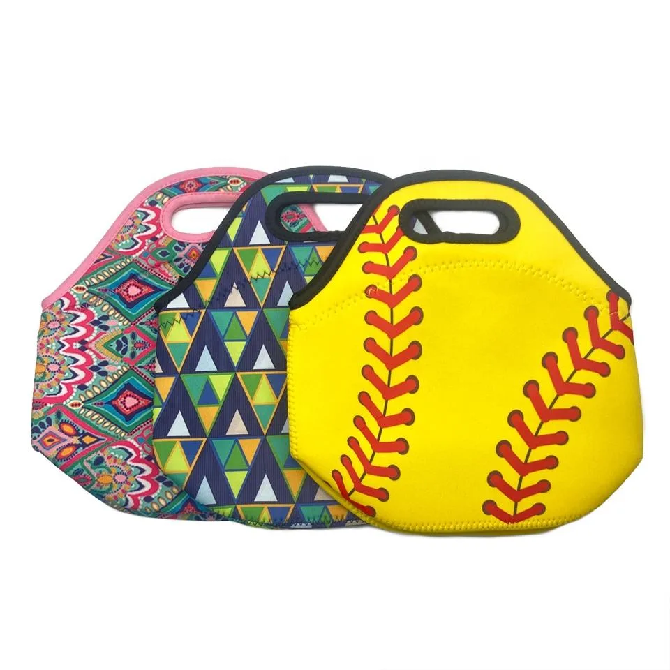 Printed neoprene lunch bags with integrated carry handles