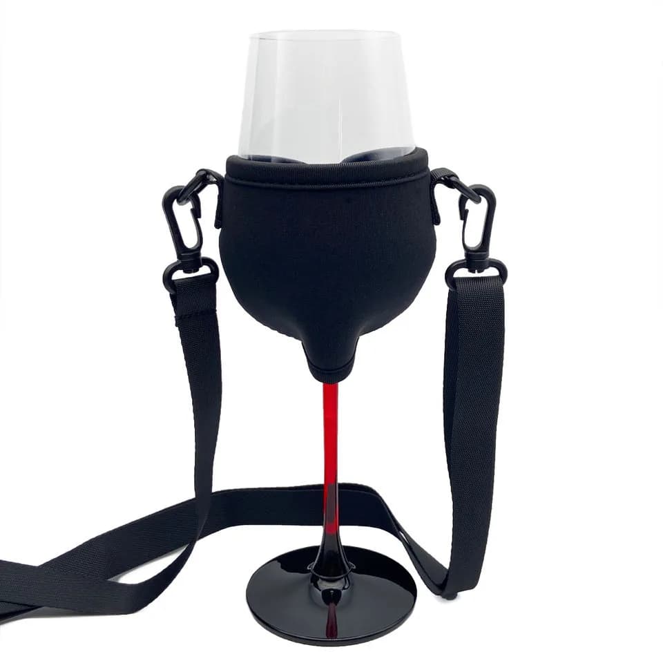 Black neoprene wine glass holder with detachable strap