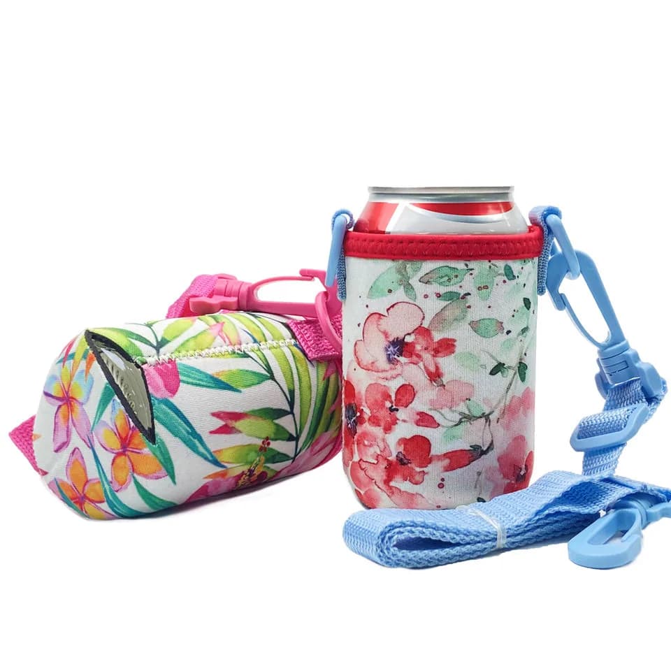 Printed neoprene can coolers with detachable lanyards