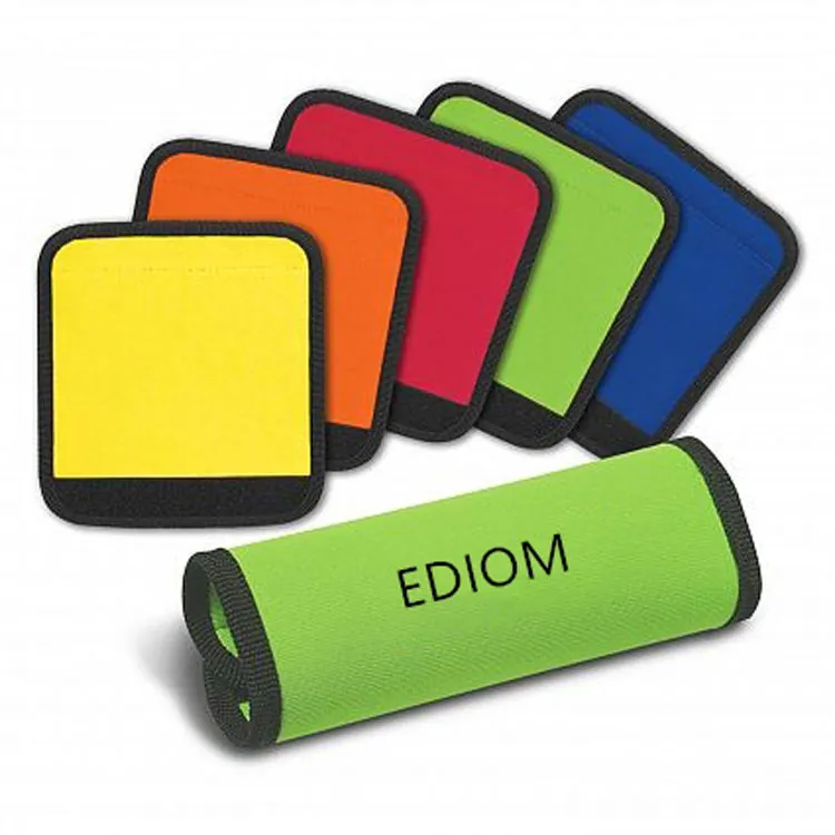Colored neoprene handle wraps laid flat with a green EDIOM sample rolled closed
