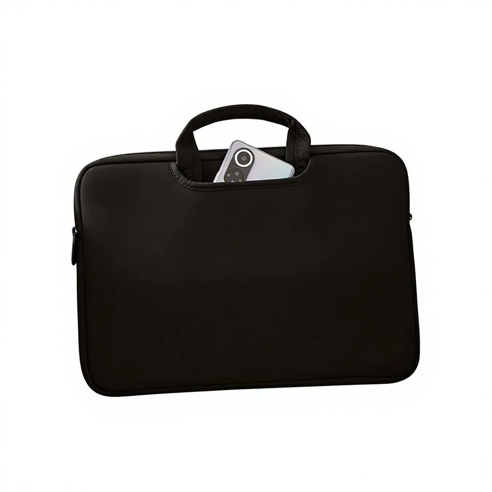 Black neoprene laptop sleeve with handles and outer pocket