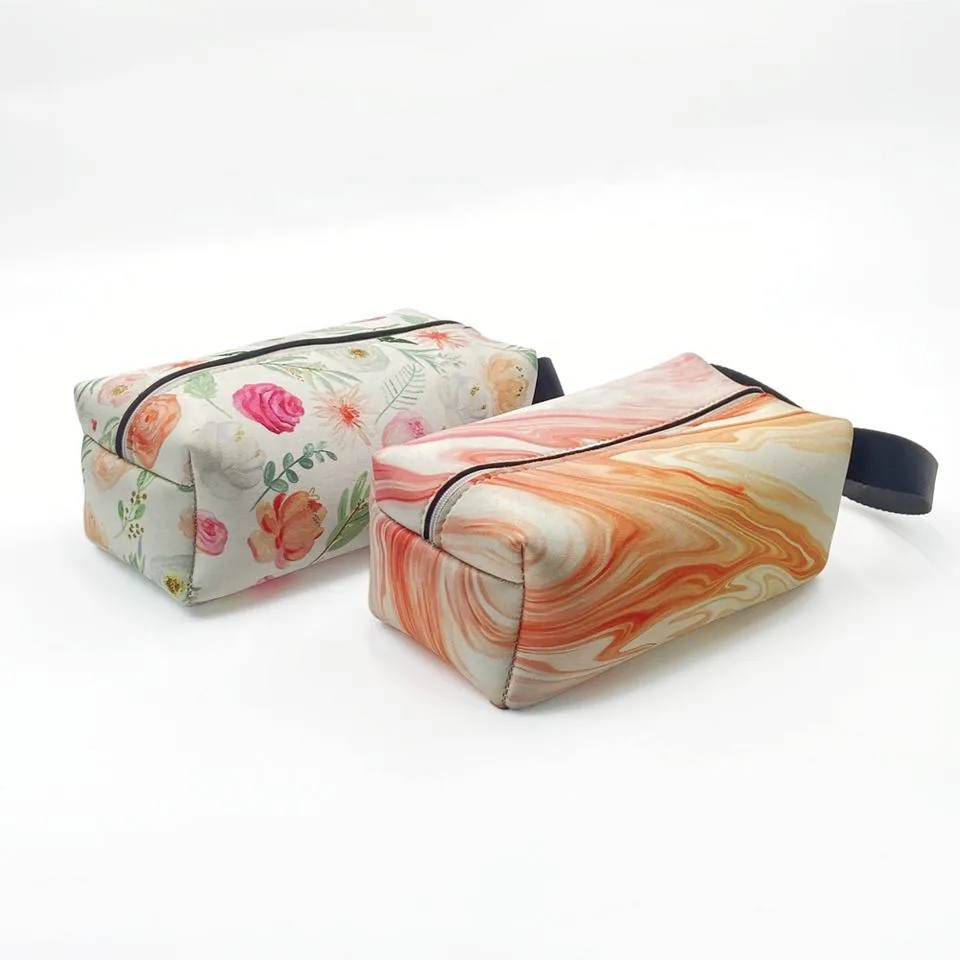 Printed rectangular neoprene makeup bags with webbing carry loops
