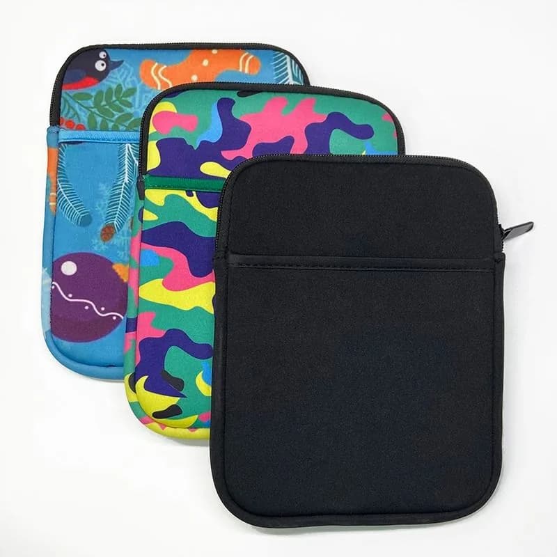 Printed and plain neoprene book sleeves with front zip pockets