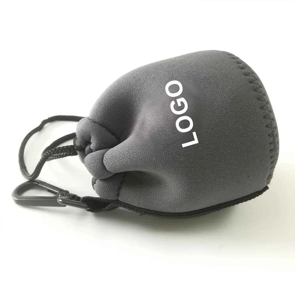 Gray neoprene camera lens pouch with drawstring and side clip
