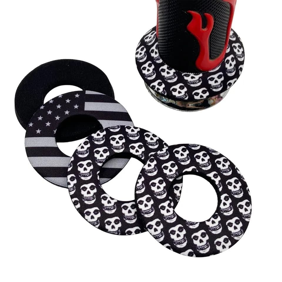 Black and printed neoprene grip rings with an example handlebar grip