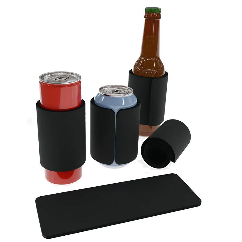 Plain black snap wraps laid flat and curled around sample cans and a bottle