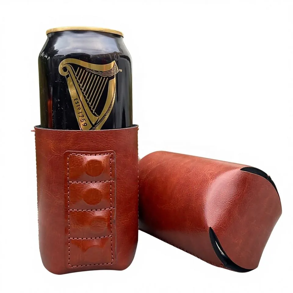 Brown PU sleeves showing the magnet panel and folding base around a sample can