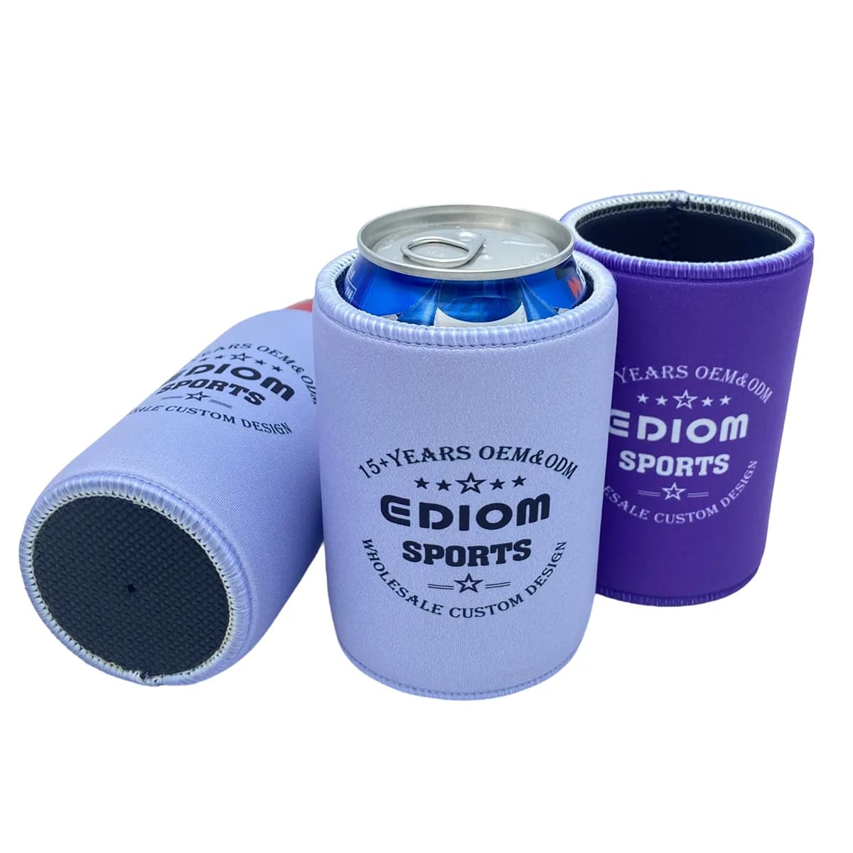 Lavender and blue logo stubby holders showing round bases and open tops