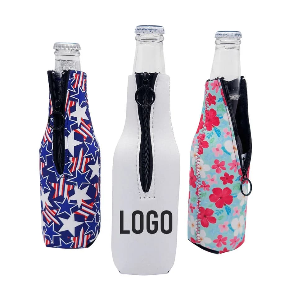 Three longneck bottles in star, white logo and floral zipper sleeves