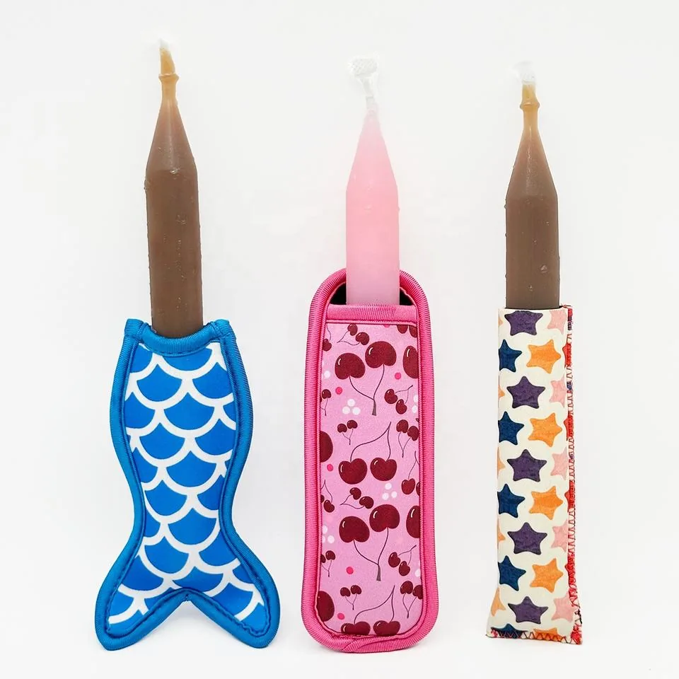 Rectangle and fish-tail neoprene sleeves holding packaged ice pops