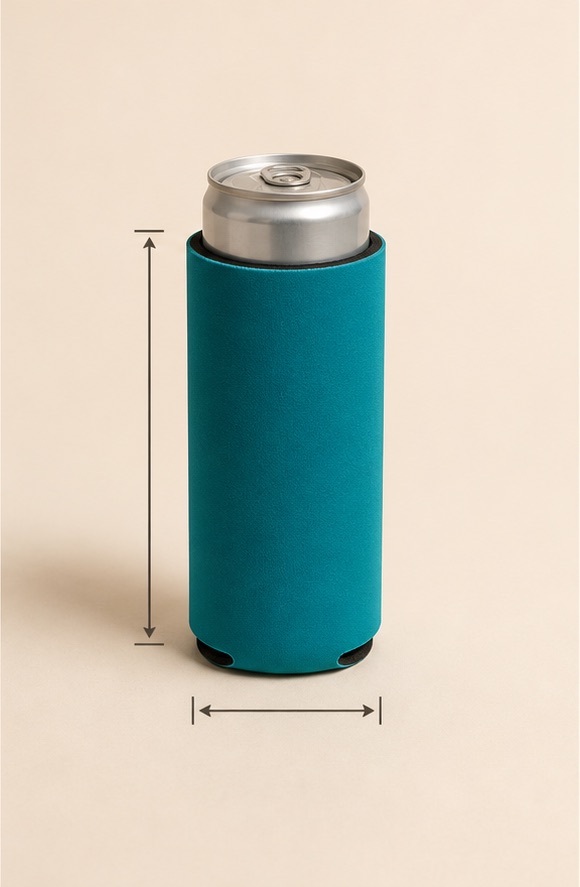 AI-generated illustration of a tall slim beverage can in a teal neoprene sleeve with dimension lines
