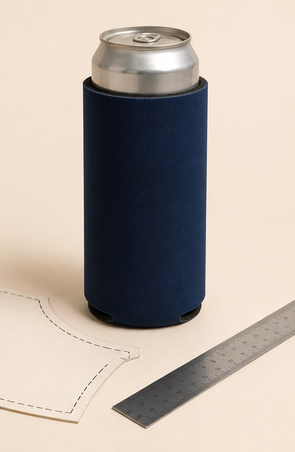 AI-generated illustration of a tall can cooler beside a paper pattern and ruler