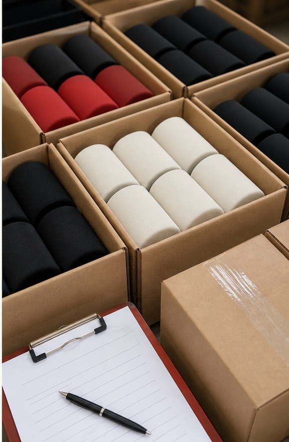 AI-generated illustration of finished neoprene sleeves organized in export cartons beside a packing checklist