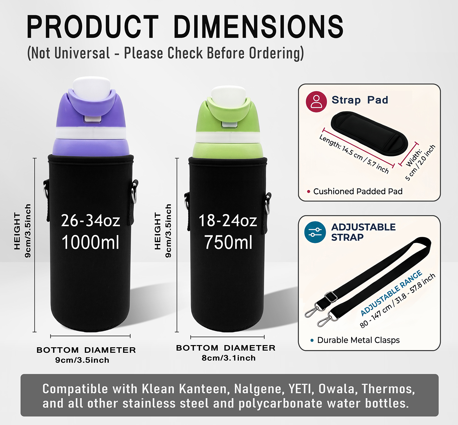 Water bottle holder and strap dimensions Water bottle holder dimension chart with bottles inserted, showing the holder height and bottom diameter, shoulder pad size, and adjustable strap range.