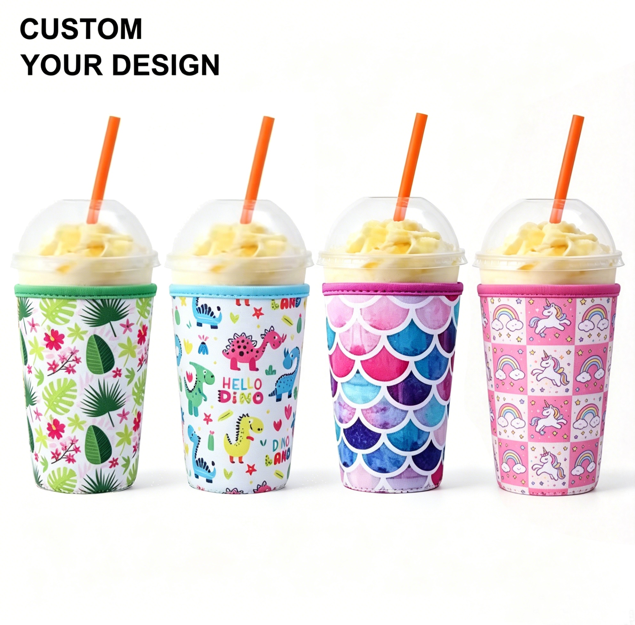 Four iced coffee sleeves with different full-color printed patterns