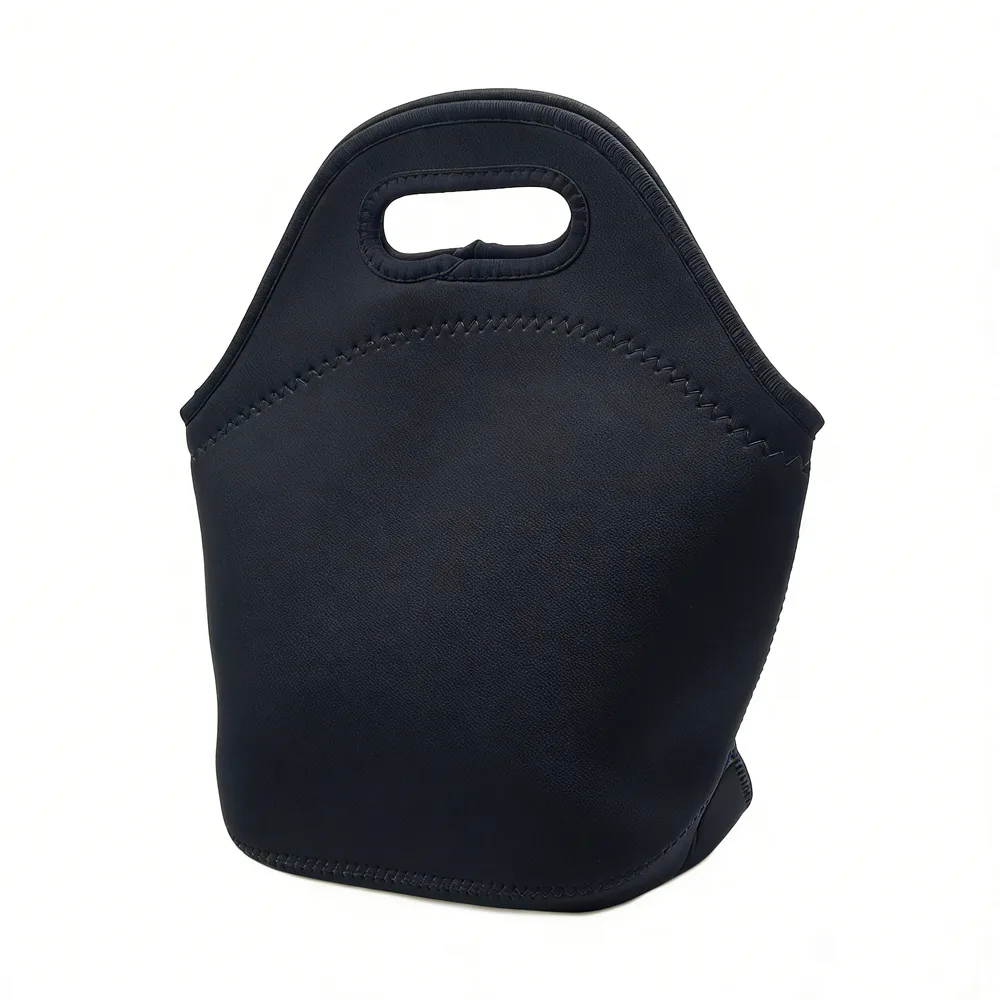 Plain black neoprene lunch bag with bound handles and sewn base