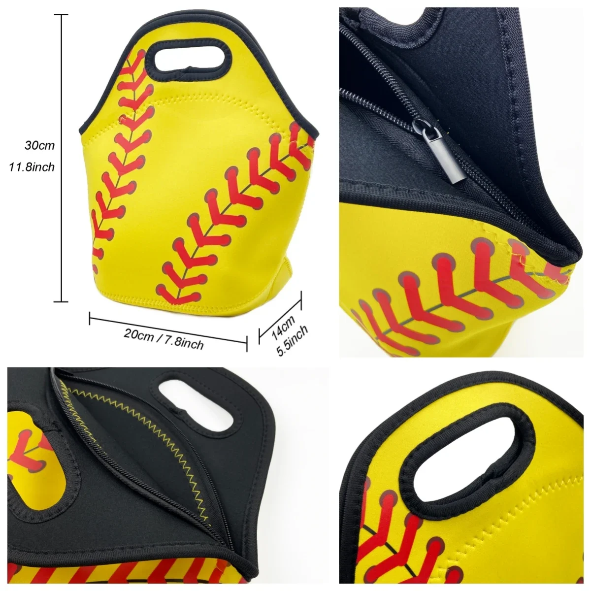 Lunch bag reference dimensions with zipper, inside seam and bound handle close-ups