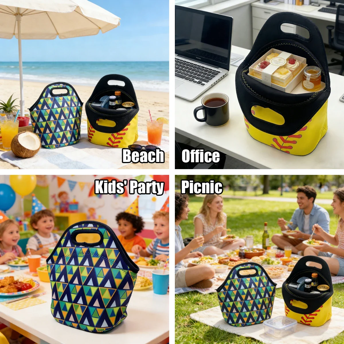 Illustrations of lunch bags at the beach, office, party and picnic