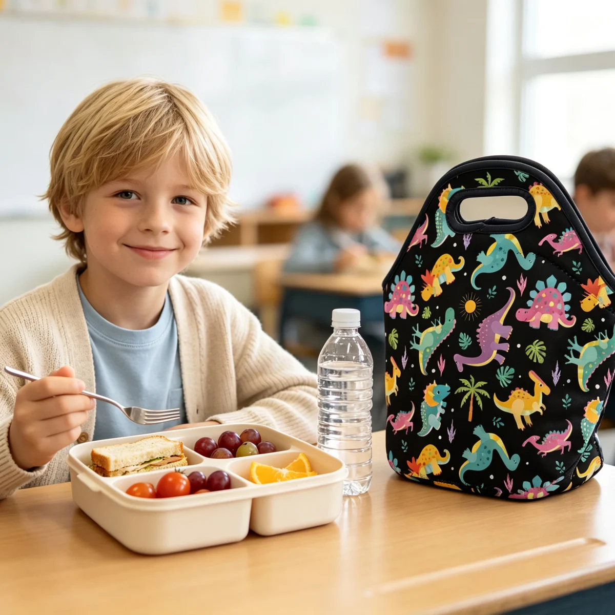 Illustration of a printed lunch bag beside a packed lunch at a school table