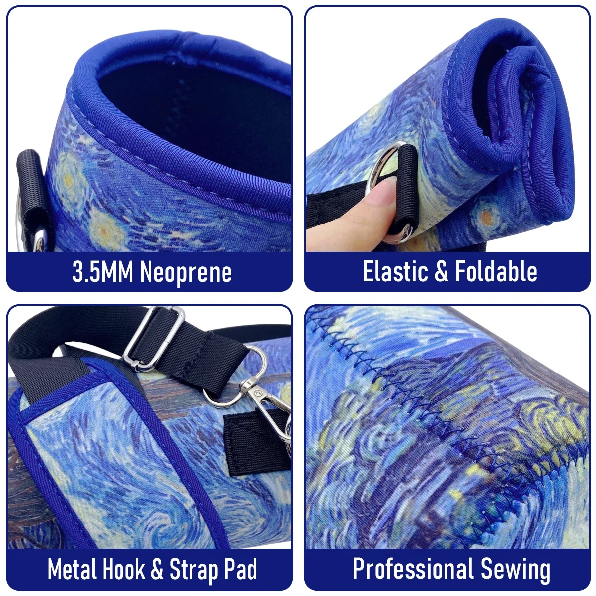 Neoprene thickness, bound rim, folding body, metal clip and base stitching close-ups