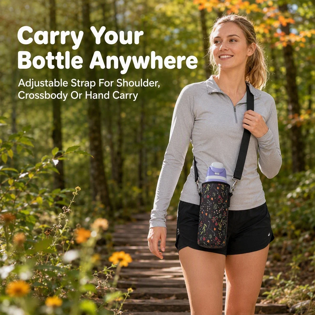 Illustration of a bottle holder carried with a crossbody strap outdoors