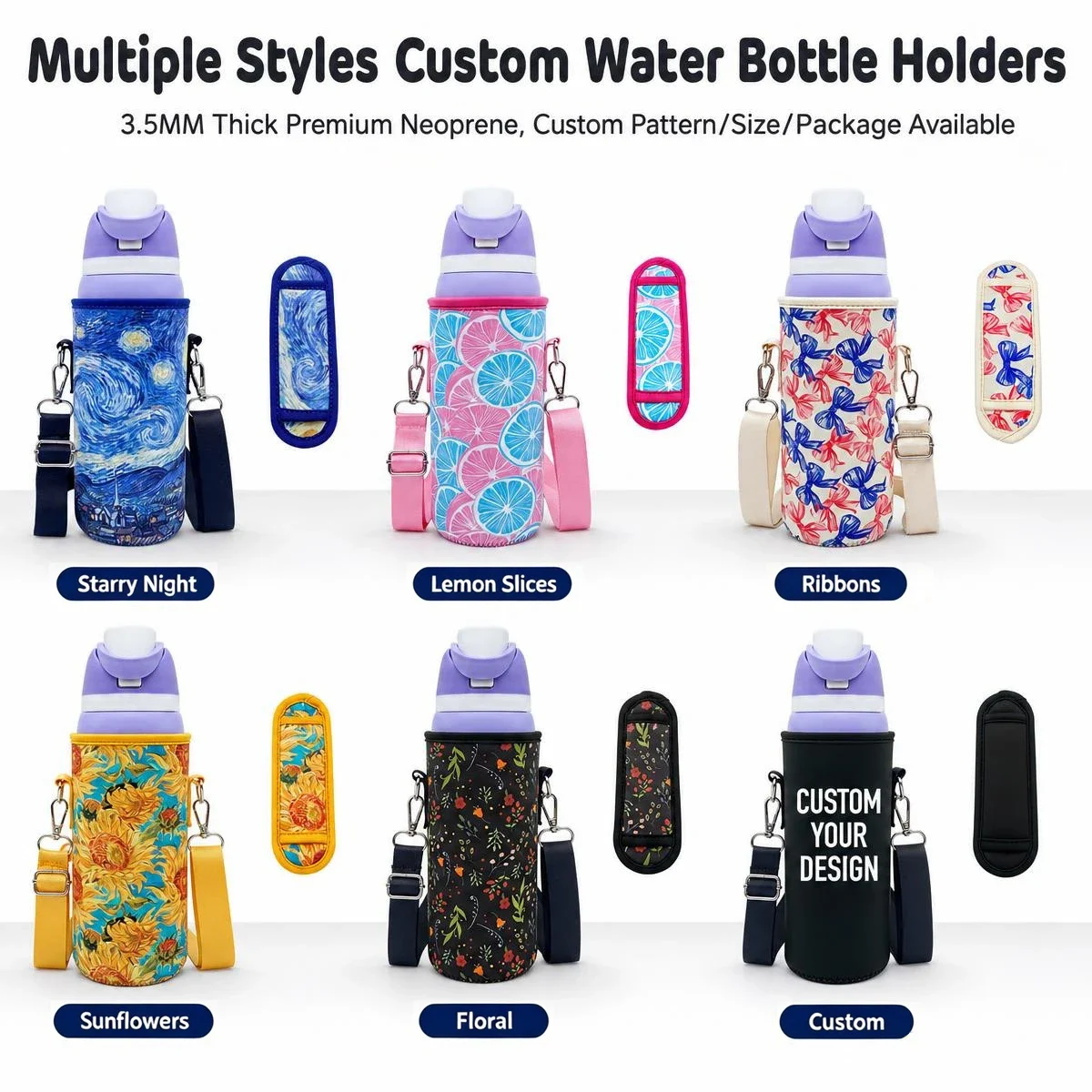 Printed and plain water bottle holder design examples