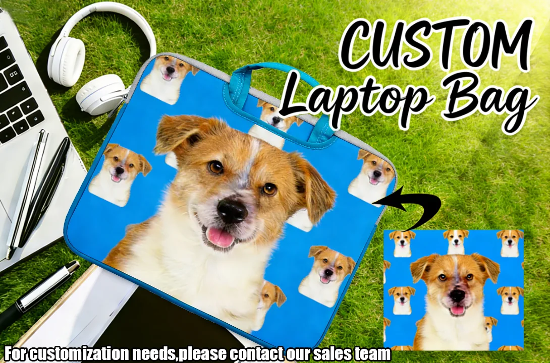 Dog-print artwork example on a neoprene laptop sleeve