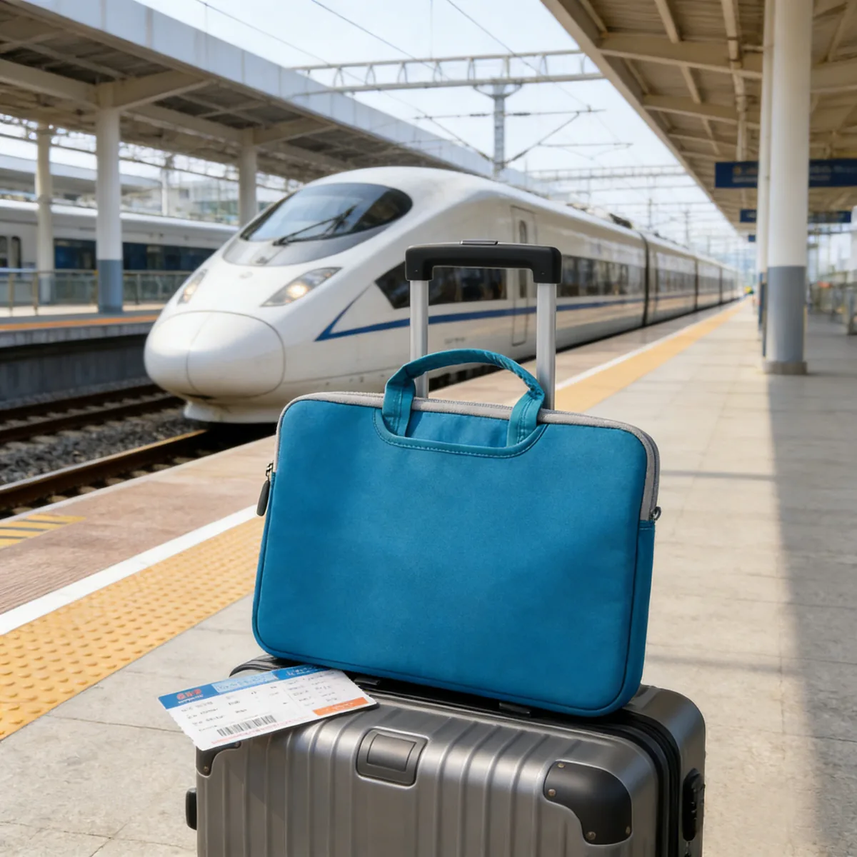Travel illustration of the blue laptop sleeve on a suitcase at a station