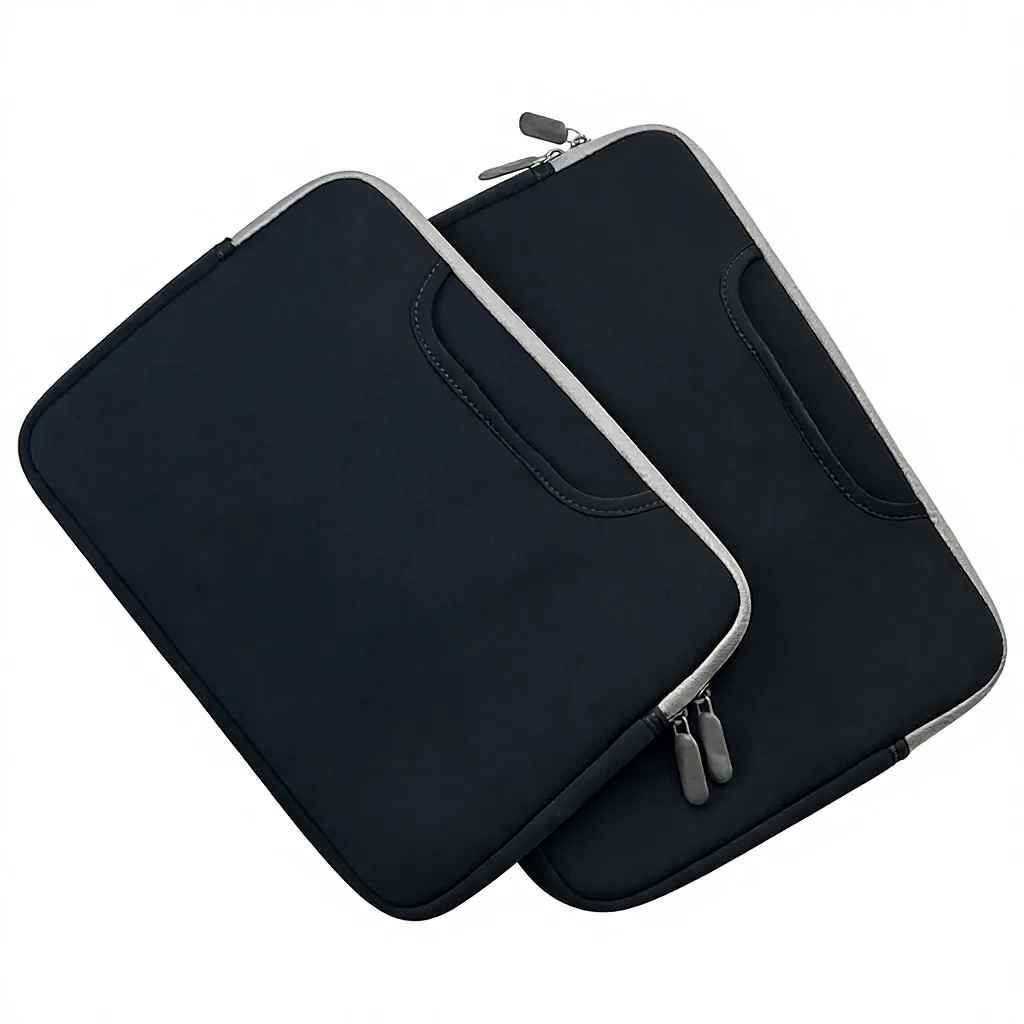 Two plain black laptop sleeves with handles tucked into the outer pockets