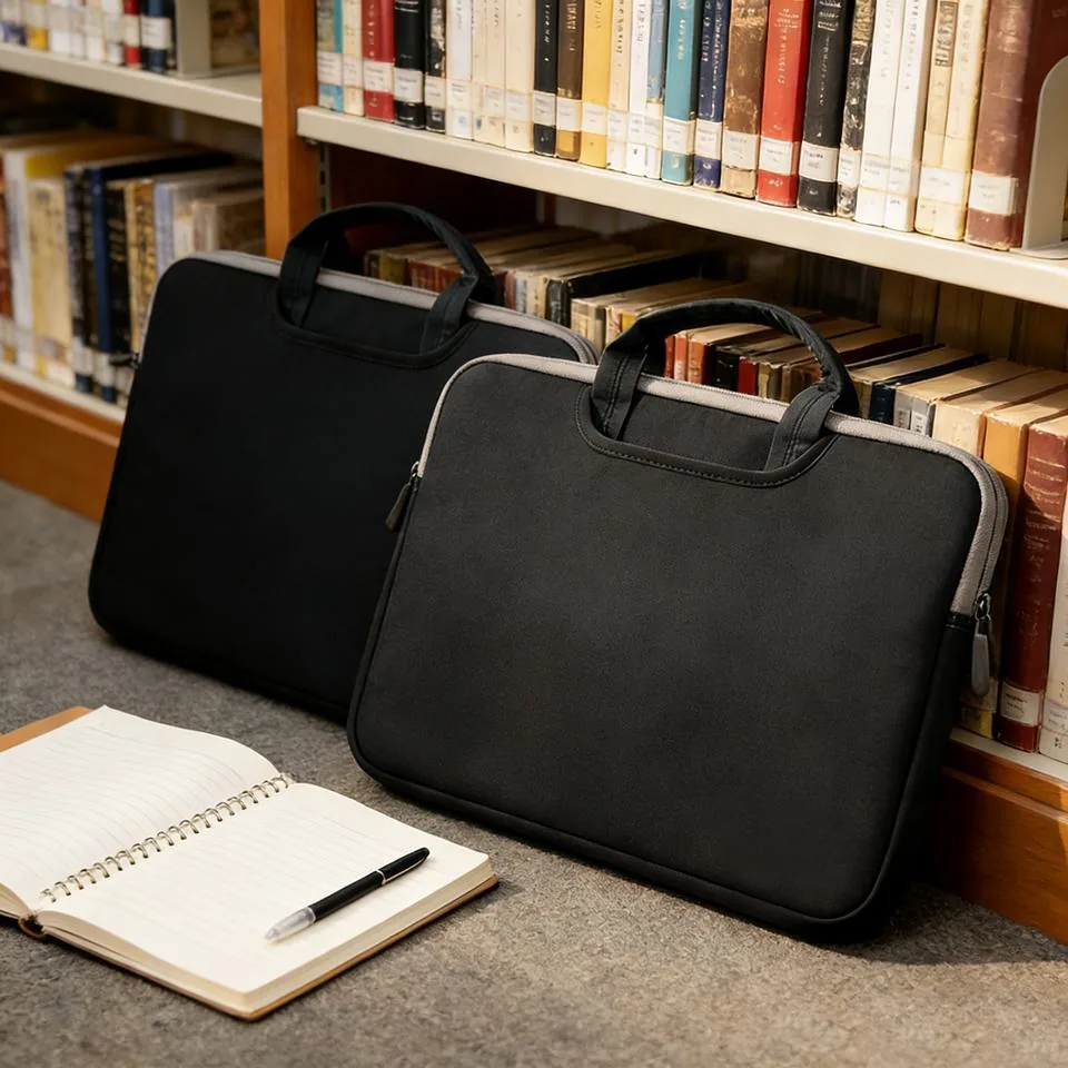 Desk illustration of black laptop sleeves with extended handles