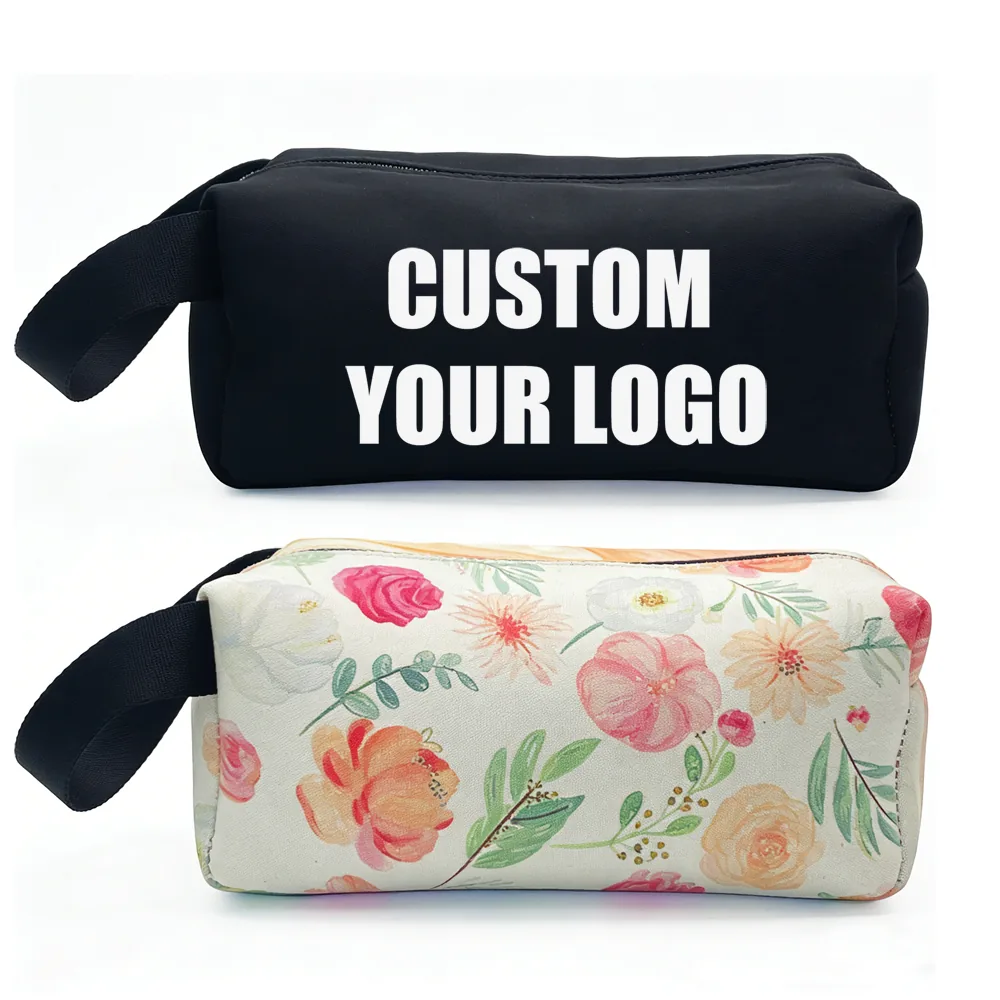Plain logo and floral design examples on the same makeup pouch