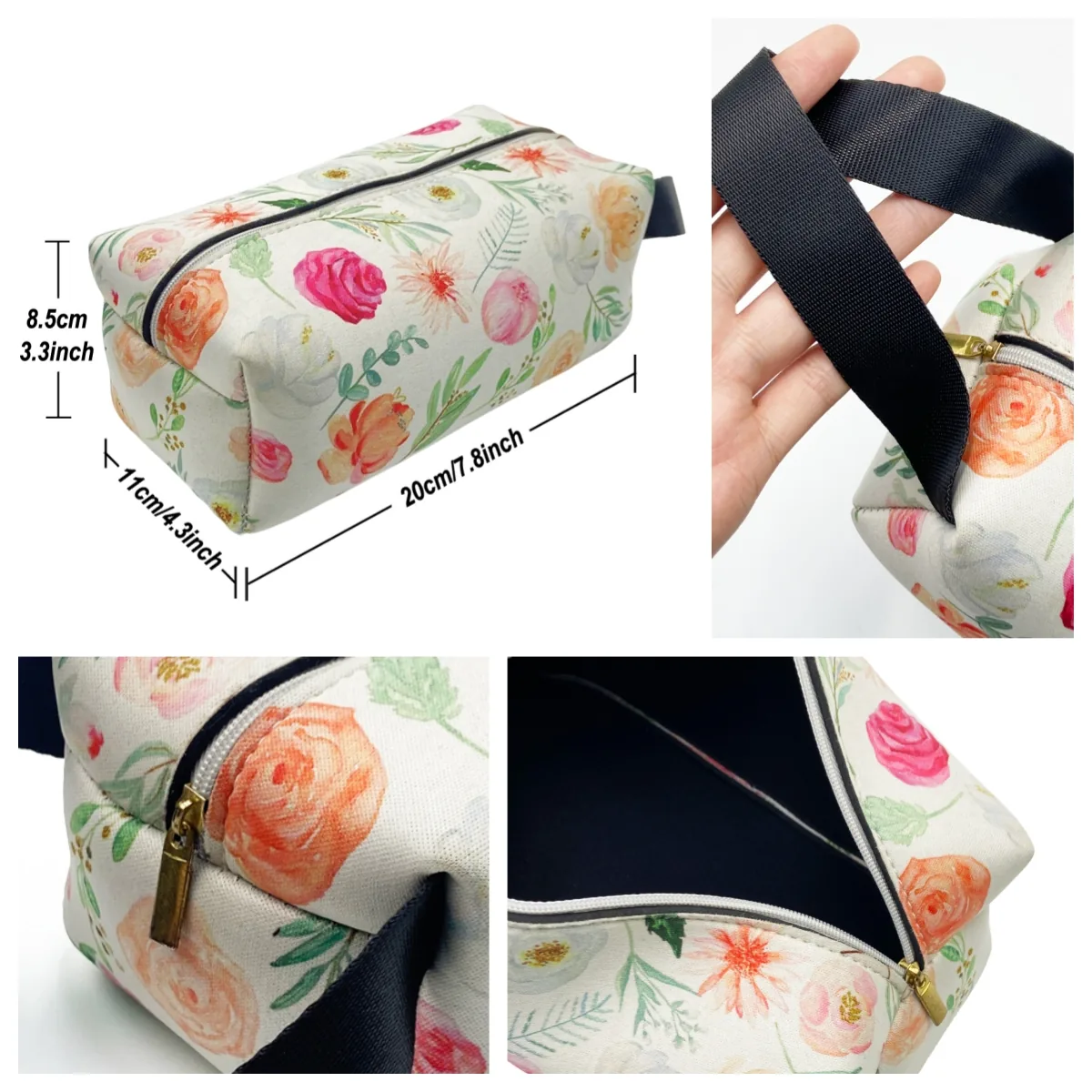 Makeup pouch dimensions and details of zipper, loop and interior