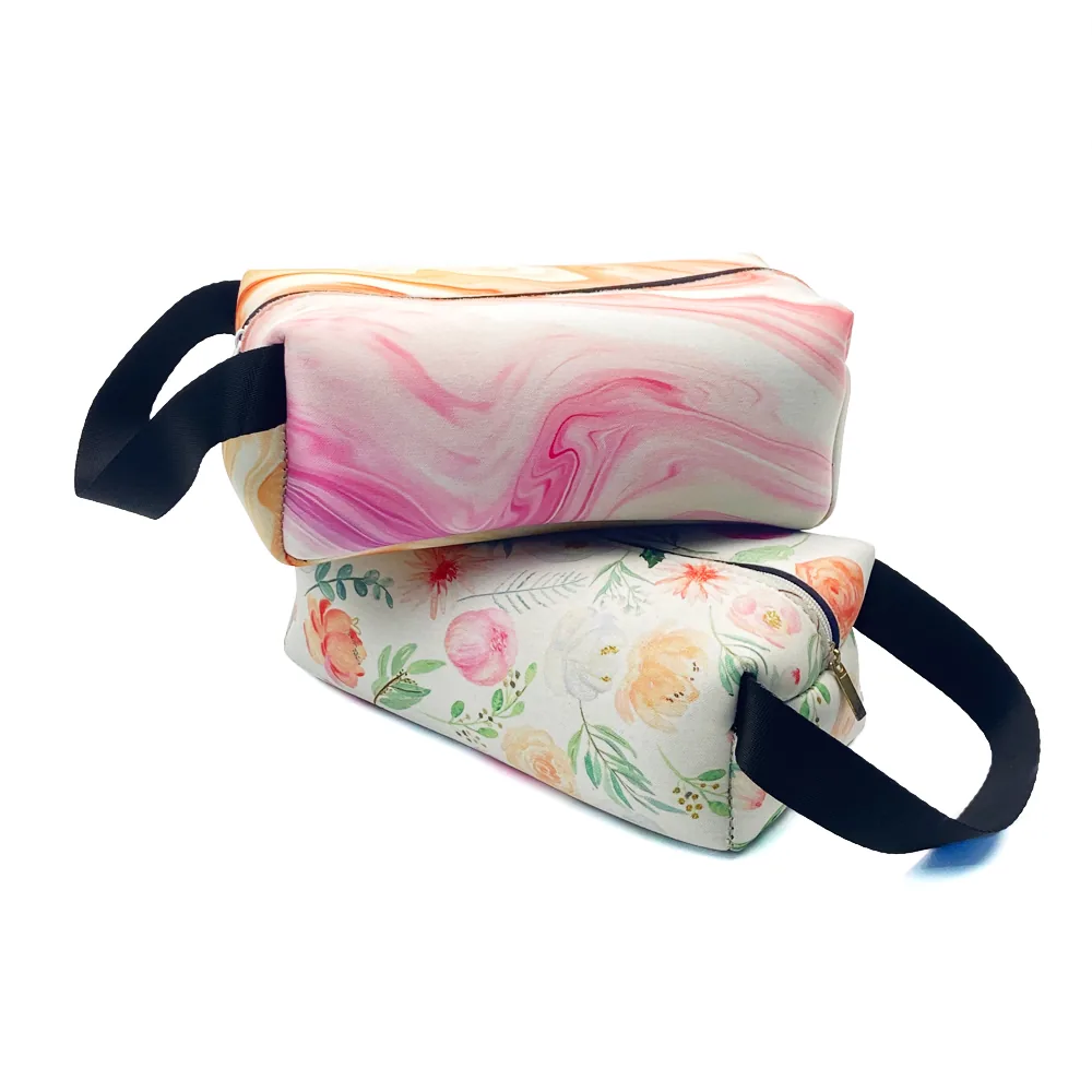 Pink marble and floral makeup pouch print examples