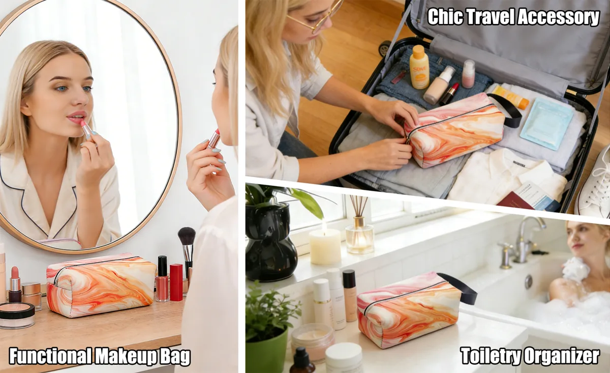 Application illustrations of the makeup pouch for travel and daily preparation