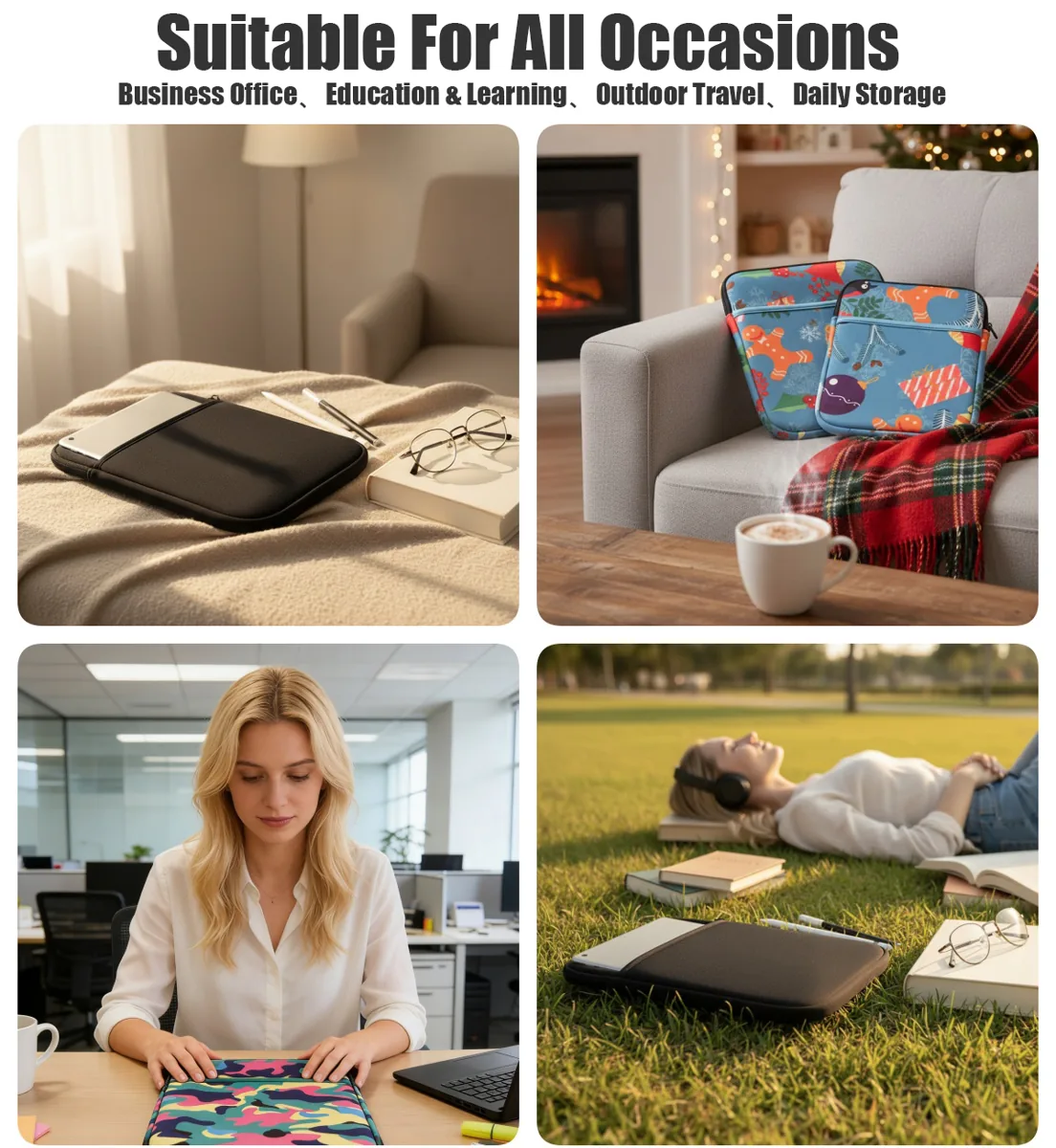 Illustrated indoor and outdoor uses for book sleeves