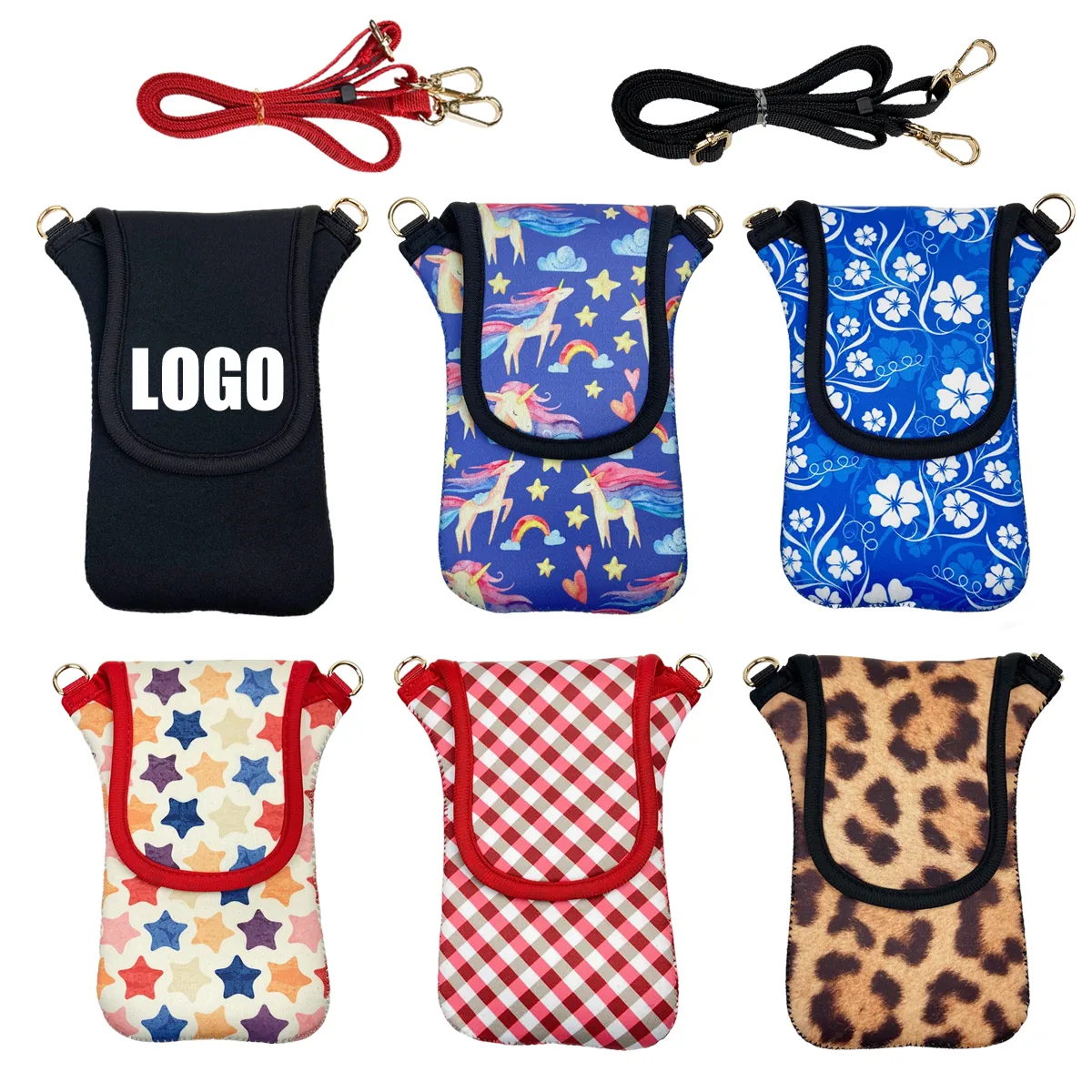 Logo and pattern examples across six phone pouch designs