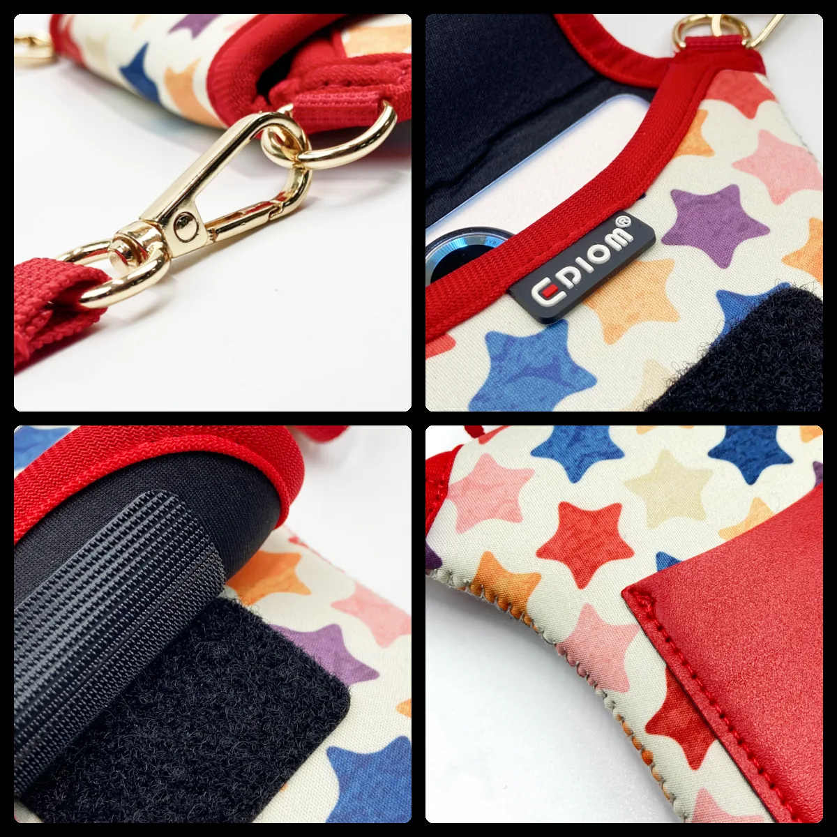 Close-ups of the strap clip, ring, binding and hook-and-loop closure