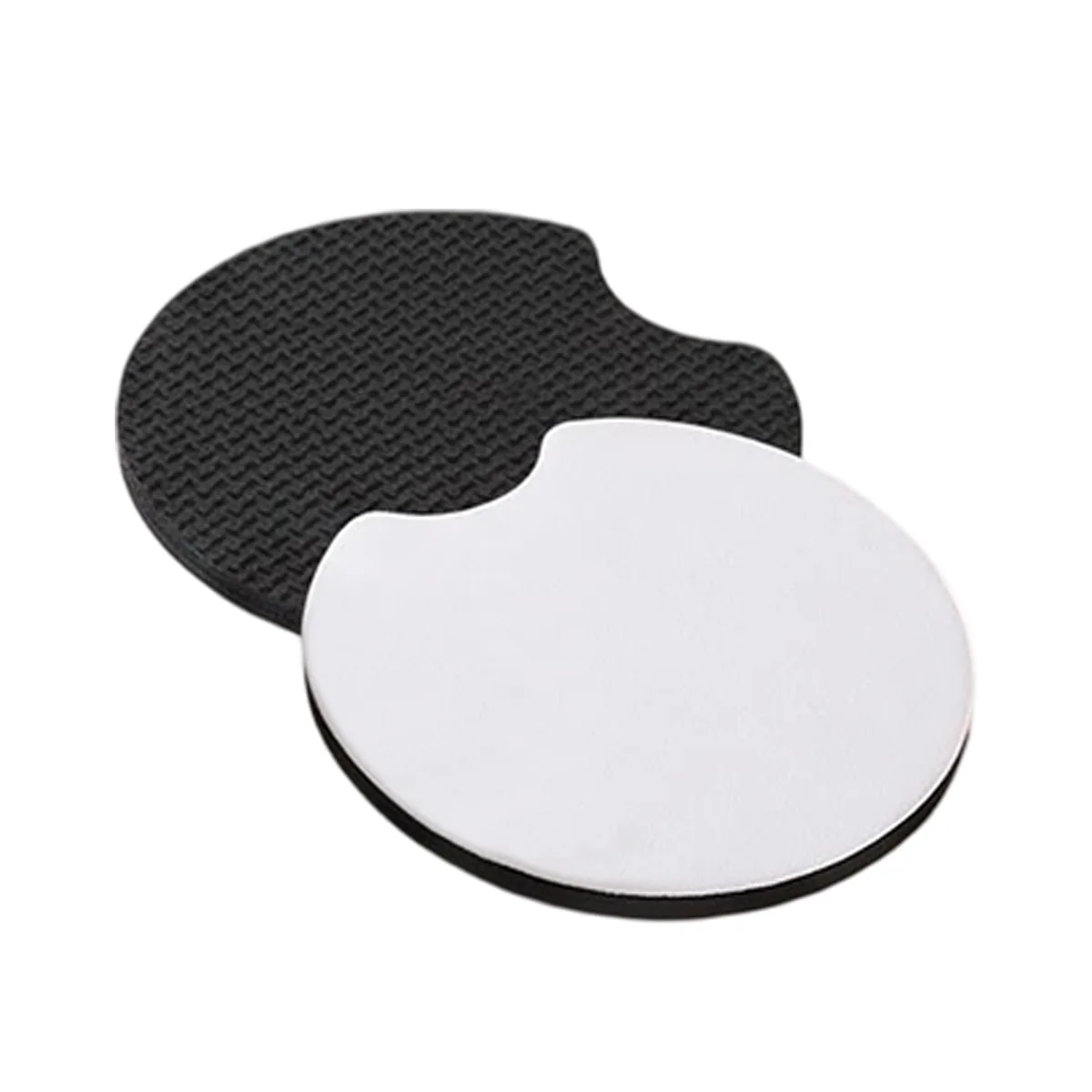 White print face and textured black reverse of notched coasters