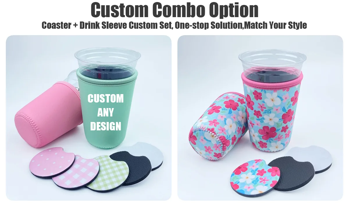 Illustration of coordinated coaster and drink-sleeve sets