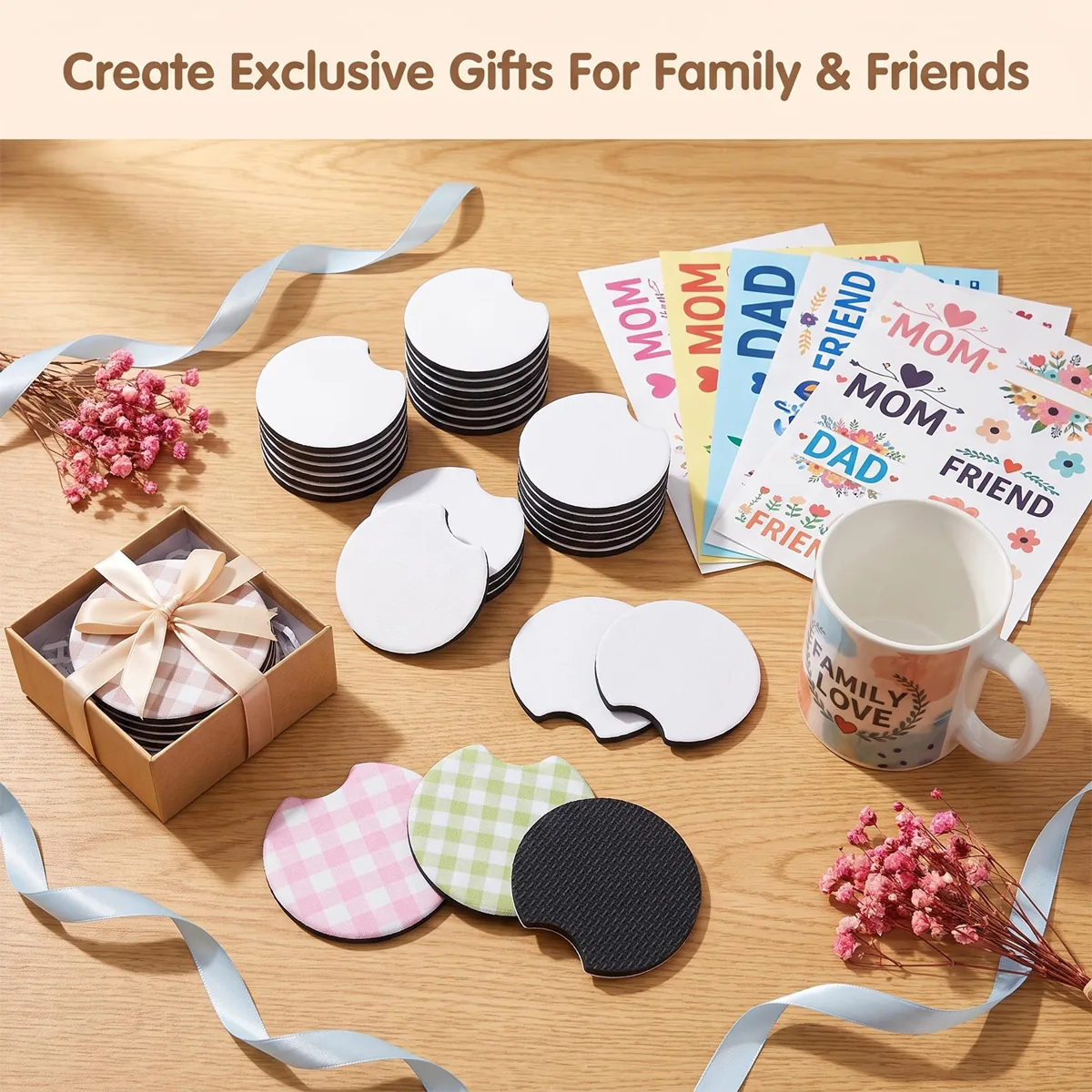 Gift presentation illustration with plain and printed notched coasters