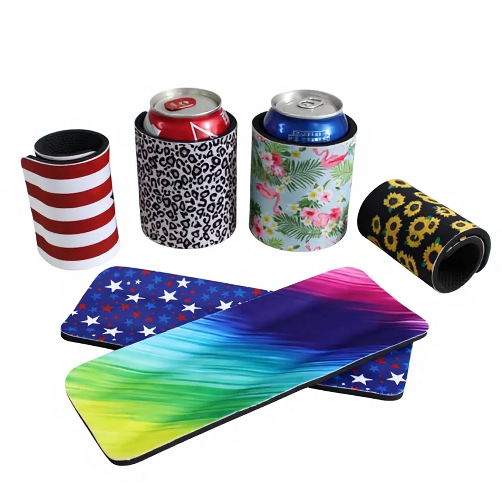 Assorted printed snap wraps shown flat and around cans