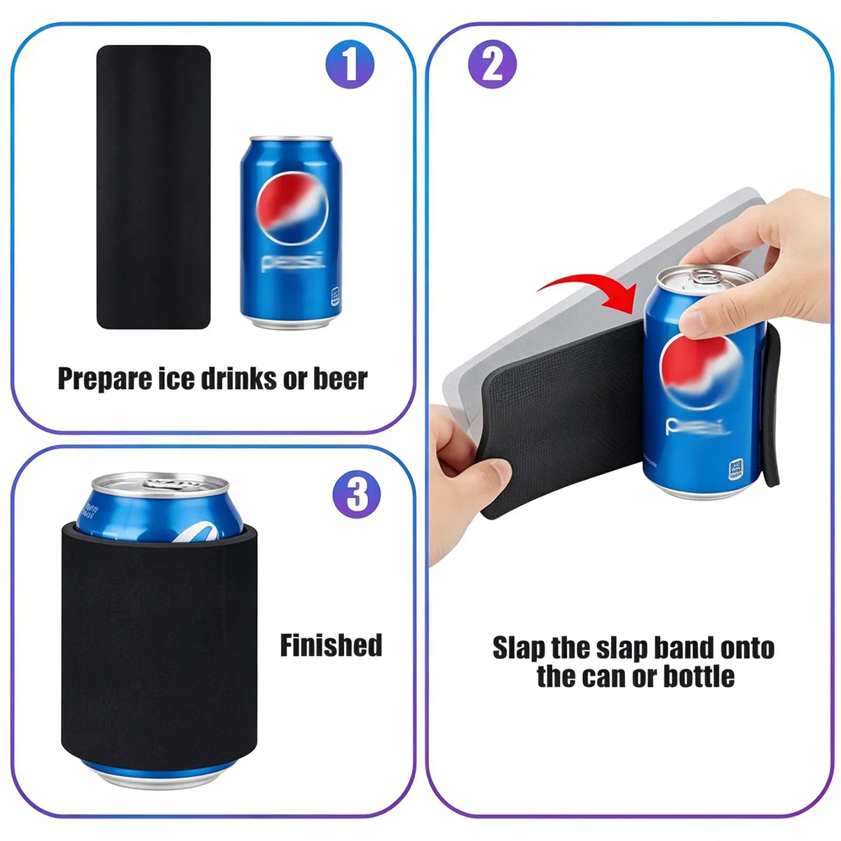 Three-step illustration of a flat band wrapping around a can